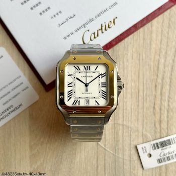 SUPER CLONE MÁQUINA ETA - CARTIER SANTOS PRATA DOURADO BRANCO 43MM + PULSEIRA COURO-0