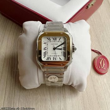 SUPER CLONE MÁQUINA ETA - CARTIER SANTOS PRATA DOURADO BRANCO 33MM-0