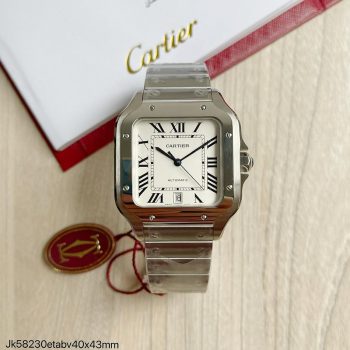 SUPER CLONE MÁQUINA ETA - CARTIER SANTOS PRATA BRANCO 40MM + PULSEIRA COURO-0