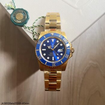 Super clone Rolex Submariner Date 40mm em ouro amarelo com mostrador azul sunburst e bezel cerâmico azul, referência 116618LB, movimento ETA 3135f, pulseira Oyster 904L banhada ouro