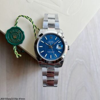 Super clone Rolex Datejust 41 mostrador azul motif mosaico honeycomb com bezel liso polido e pulseira Oyster em aço 904L, acompanhado do lacre verde Rolex SA Genève