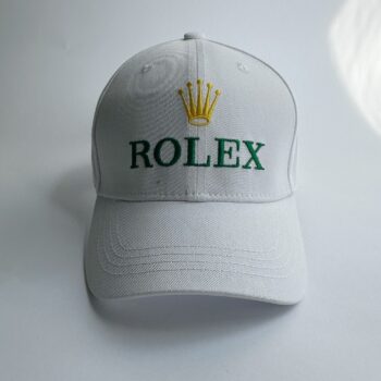 Boné branco com bordado Rolex — coroa dourada e letras verdes em twill estruturado, vista frontal